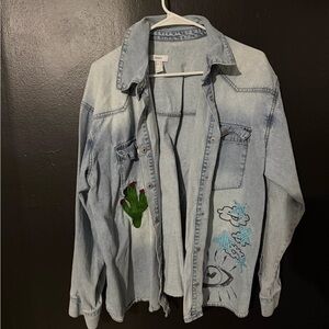Forever 21 Embroidered Denim Jacket with Cactus and Cloud Designs